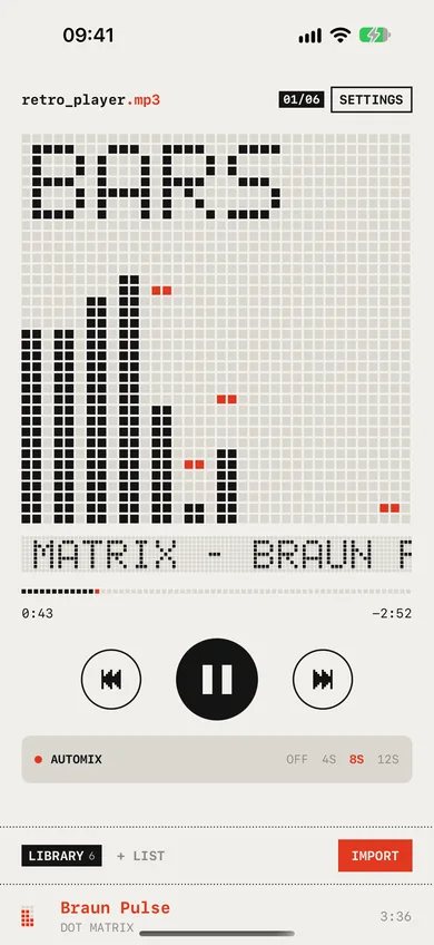 retro_player.mp3 on iPhone in light mode, playing with the Bars display.