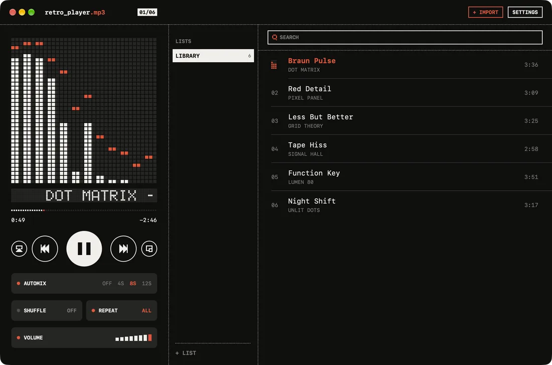 retro_player.mp3 on the Mac in dark mode: the Bars display, transport keys, Automix, Shuffle, Repeat and Volume beside the library list.