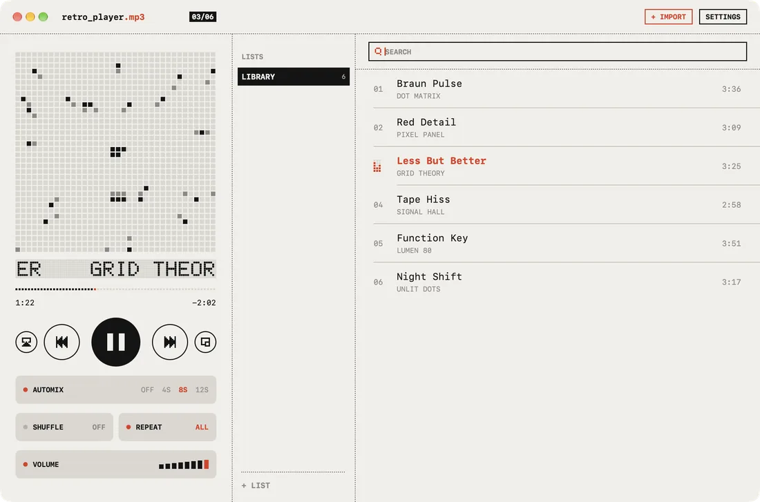 retro_player.mp3 on the Mac in light mode: the Bars display, transport keys, Automix, Shuffle, Repeat and Volume beside the library list.