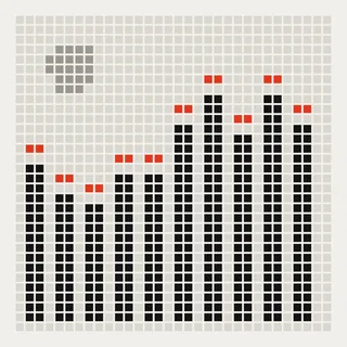 Pixel cover art: tall LED equaliser bars with red peaks under a moon