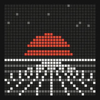 Pixel cover art: a red synthwave sun setting over a dotted grid